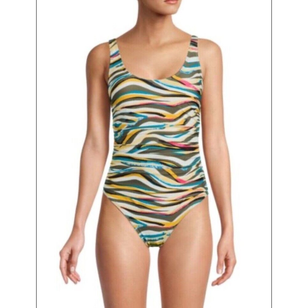 DKNY MULTI Mesh Side-Stripe Ruched One-Piece Swimsuit Size 8 Summer Beach